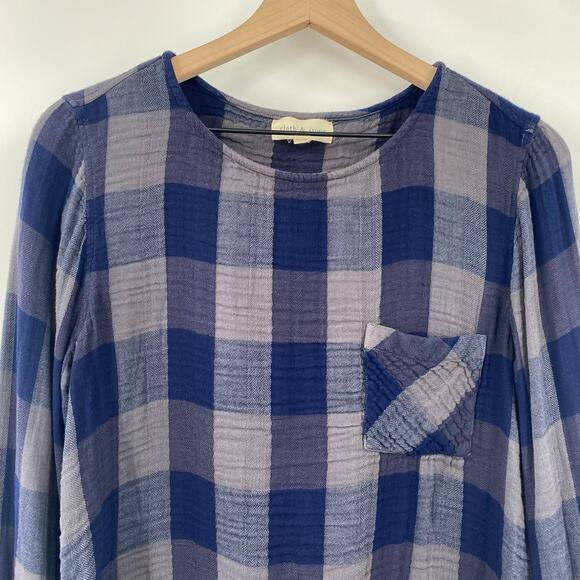 Anthropologie Cloth + Stone Gingham Plaid Top Lace Up Long Sleeve Navy Gray M - Picture 4 of 10